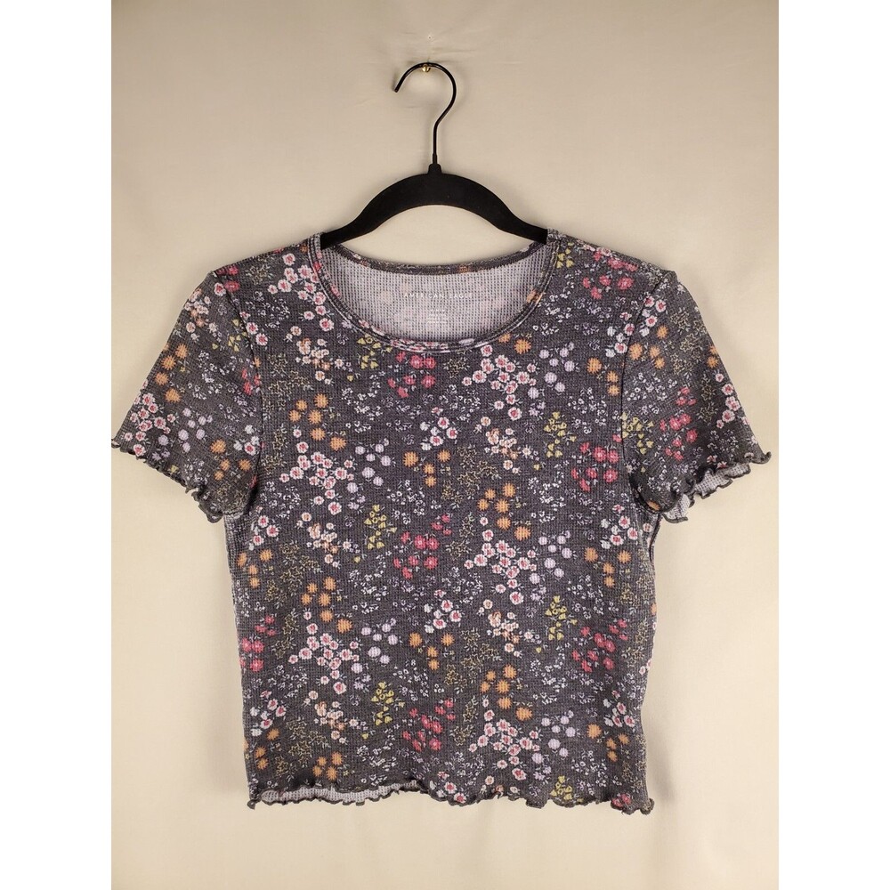 American Eagle Womens Y2K Style Floral Baby Tee Sz M Ribbed Crop - Picture 1 of 8